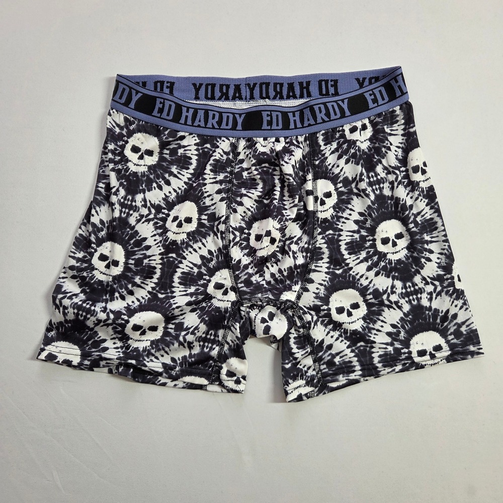 Ed Hardy Mens Boxer Briefs Large Black‎ White Tie Dye Skull Waistband Underwear